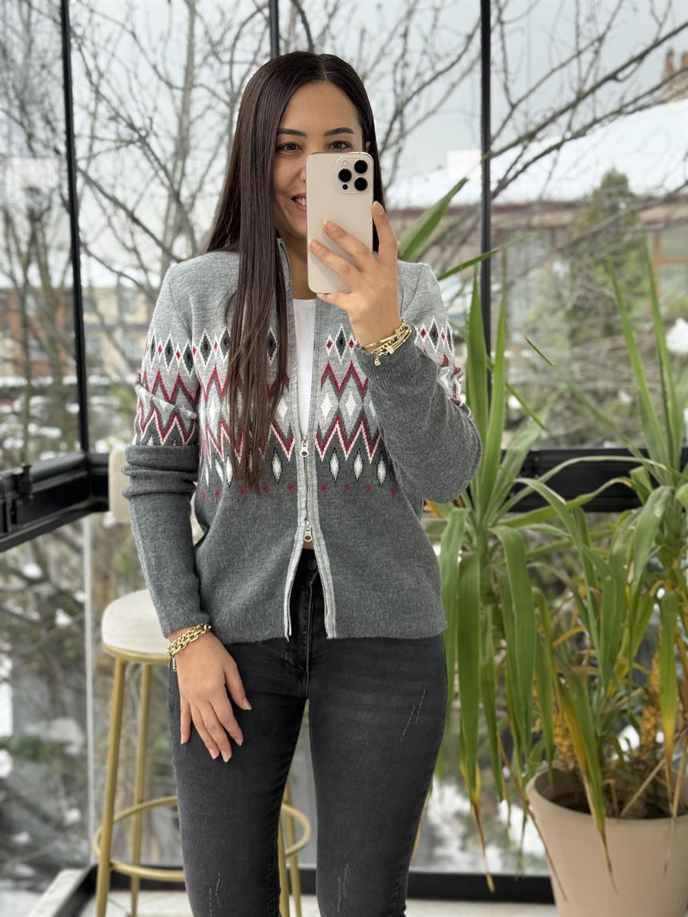 Geometrik Desenli Çift Fermuarlı Hırka Gri