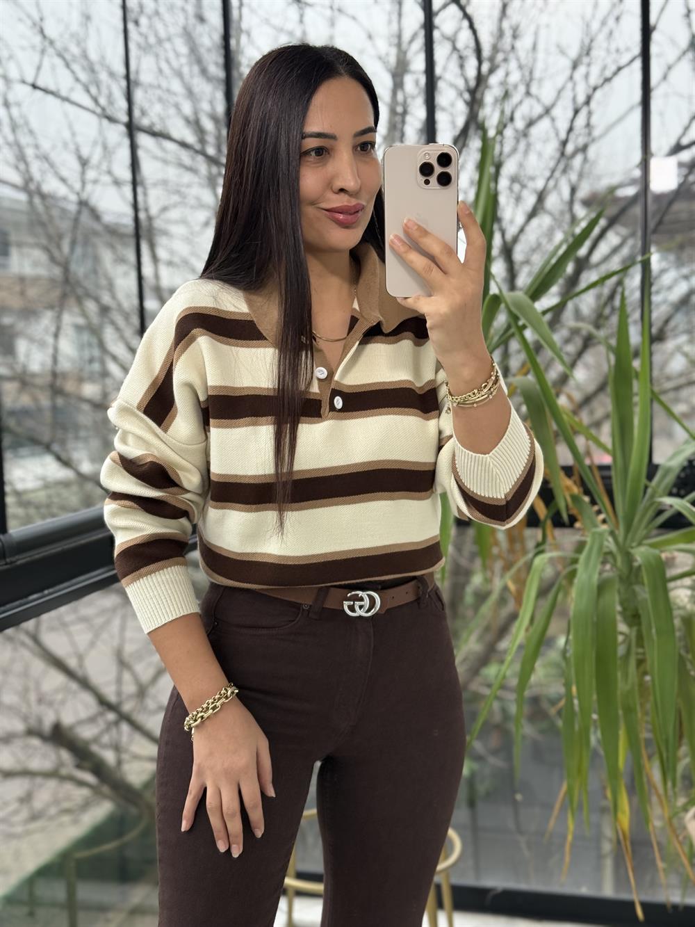 Polo Yaka Çizgili Triko Kazak Krem