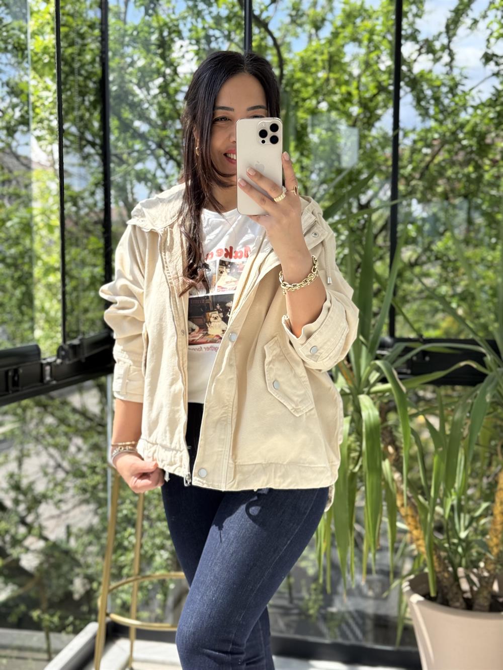 Oversize Kapuşonlu Ceket Taş