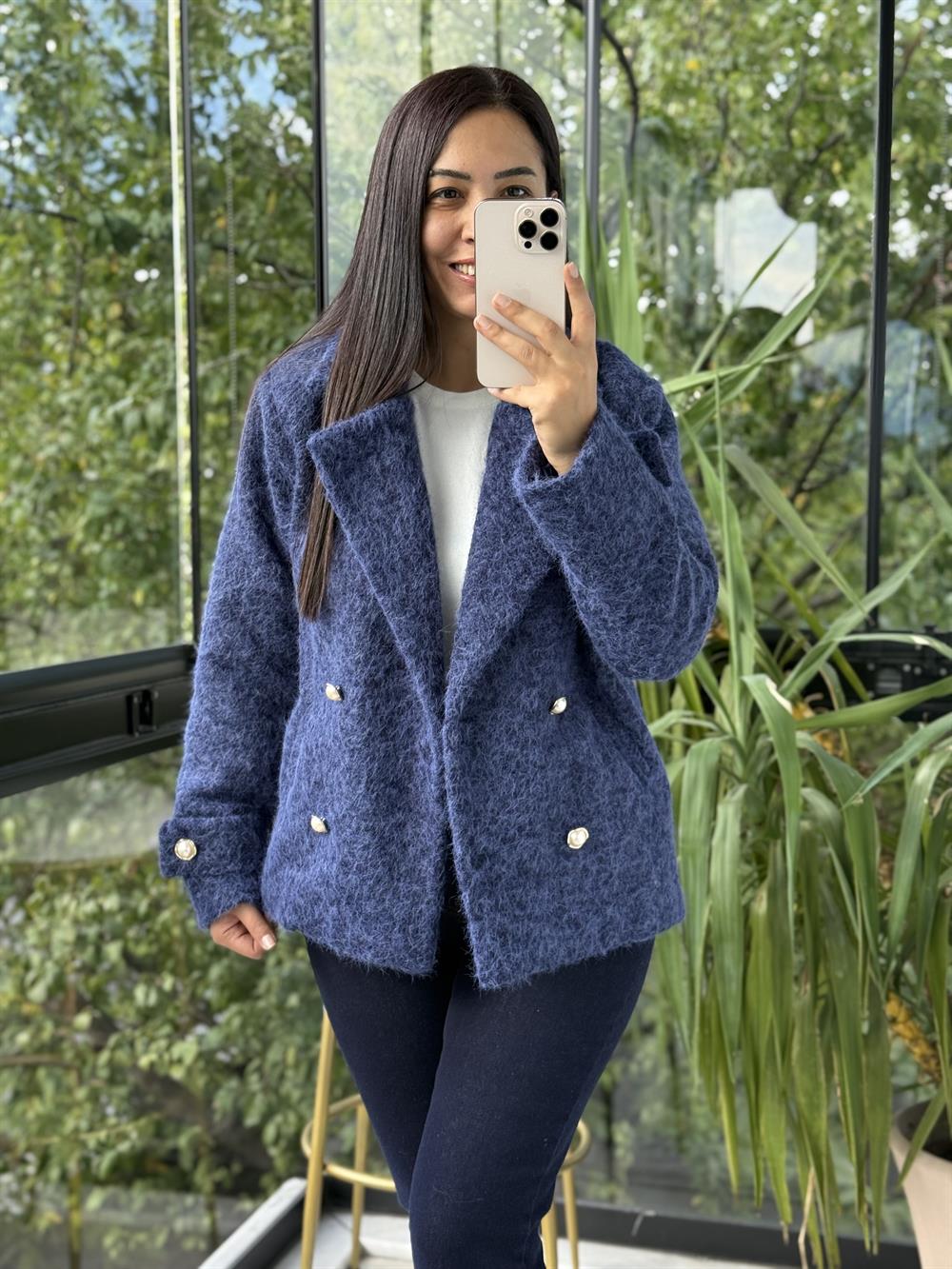 Gold Düğmeli Yün Kaban Ceket Lacivert
