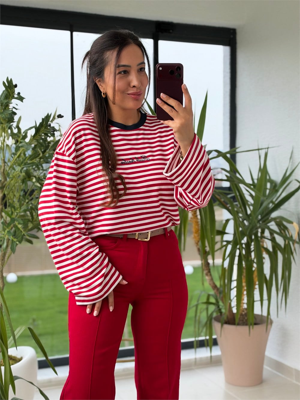 Biyeli Çizgili Sweatshirt Kırmızı
