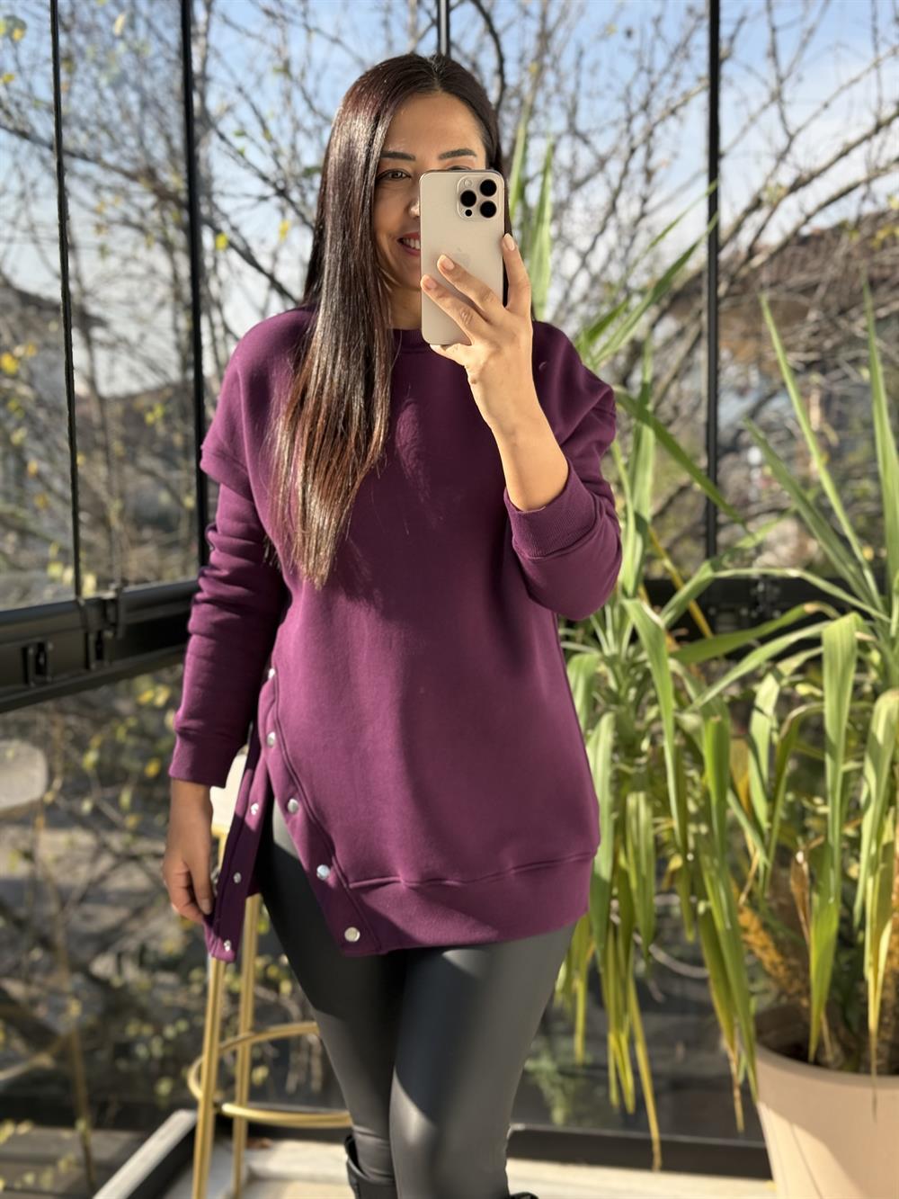 Yanı Çıtçıtlı Sweatshirt Mürdüm