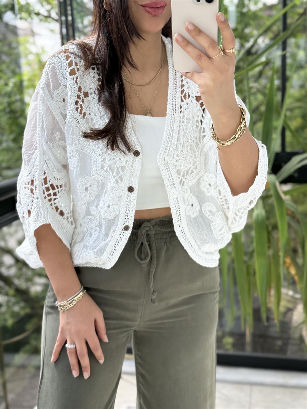 Payetli Örme Kısa Kol Hırka Beyaz