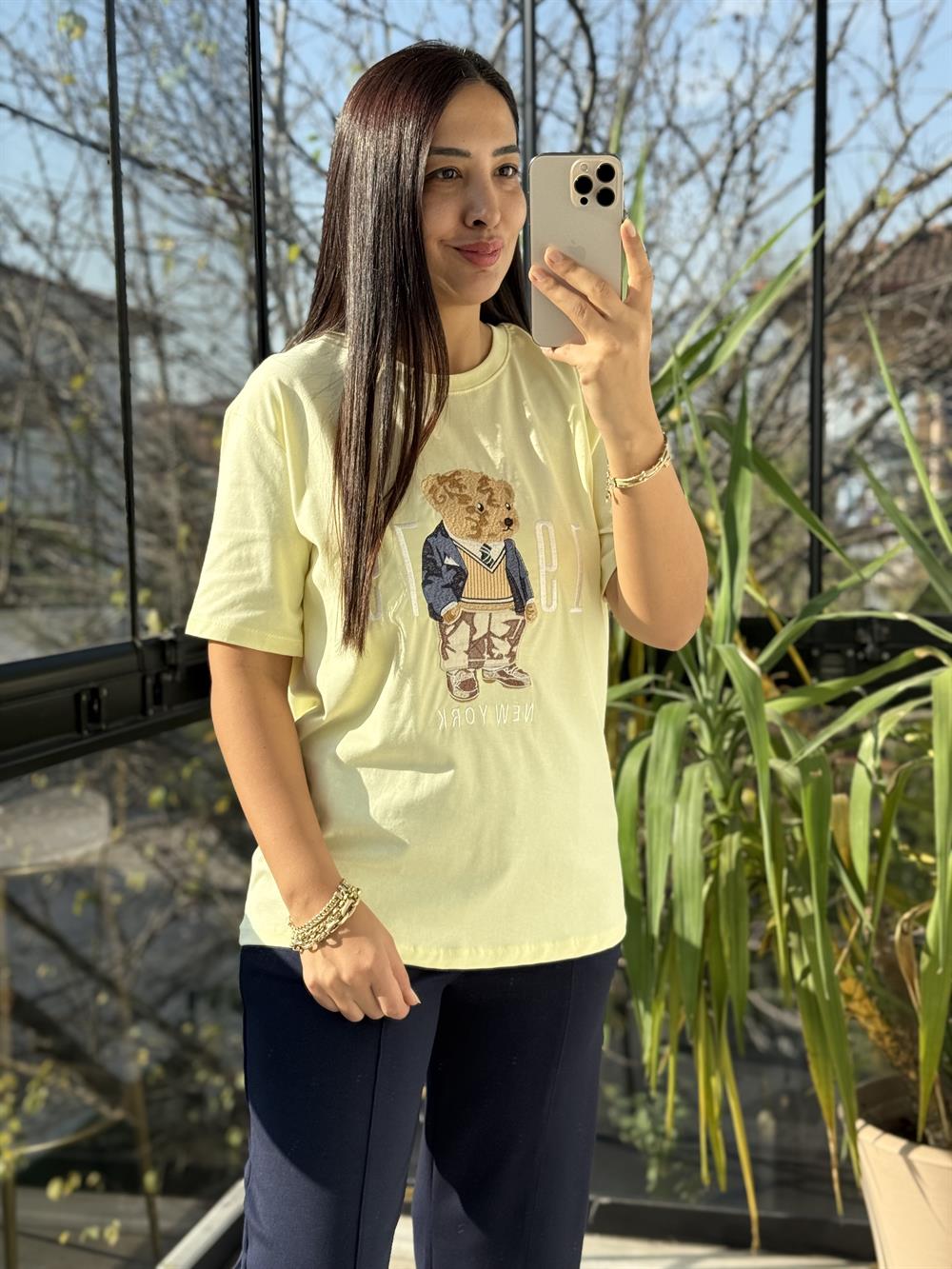 Newyork Yazılı İşlemeli Basic Tişört Sarı