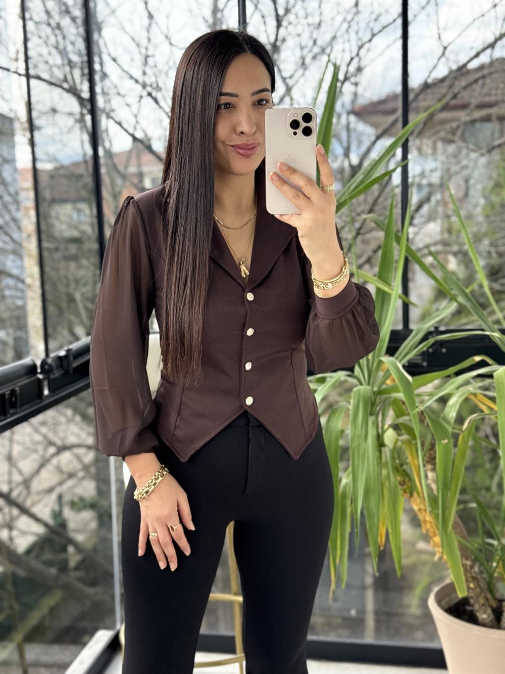 Kolları Tül Detaylı Bluz Kahve