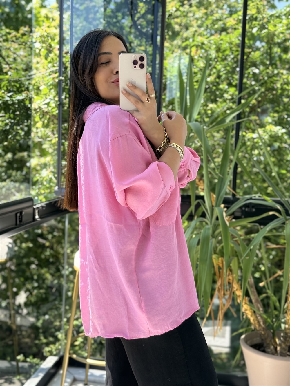 Düşük Omuz Basic Gömlek Pembe