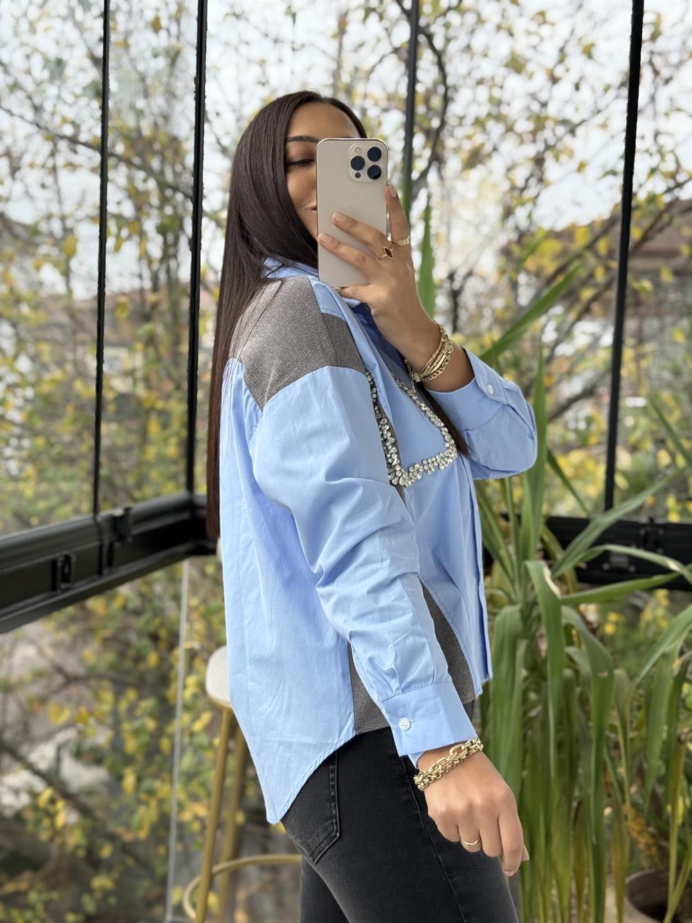 Triko Poplin Taş Detaylı Gömlek Mavi