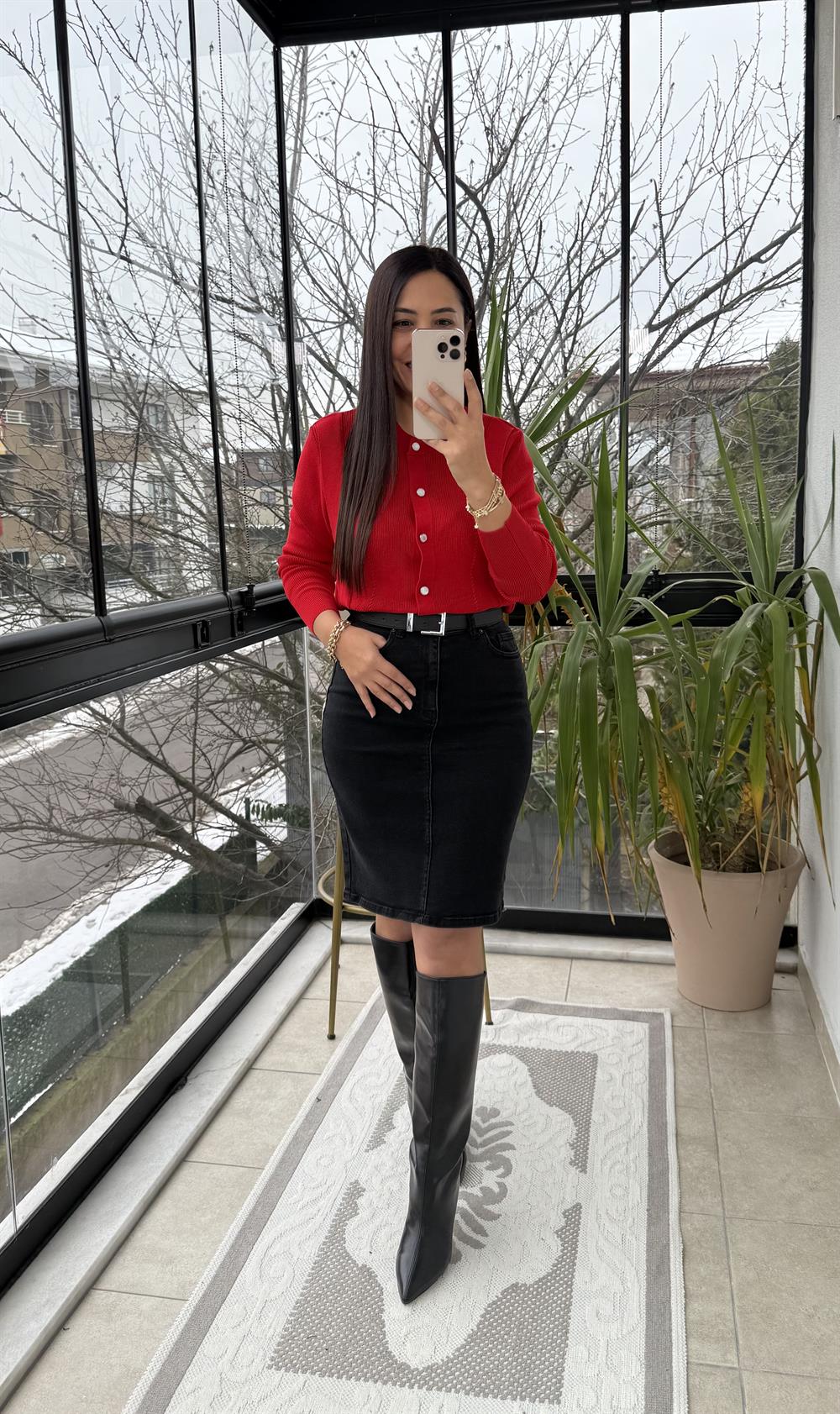 Triko Detaylı Bluz Kırmızı