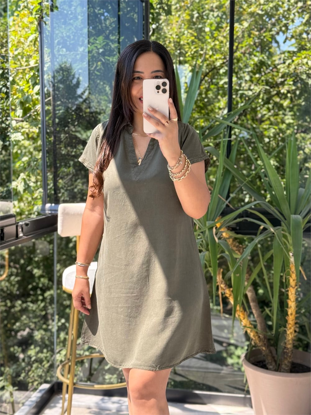 V Yakalı Kolsuz Mini Elbise Haki Yeşili