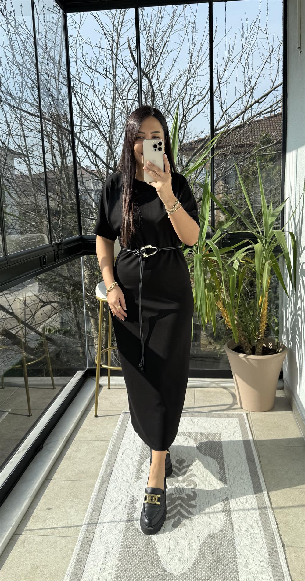 Kemerli Modal Elbise Siyah