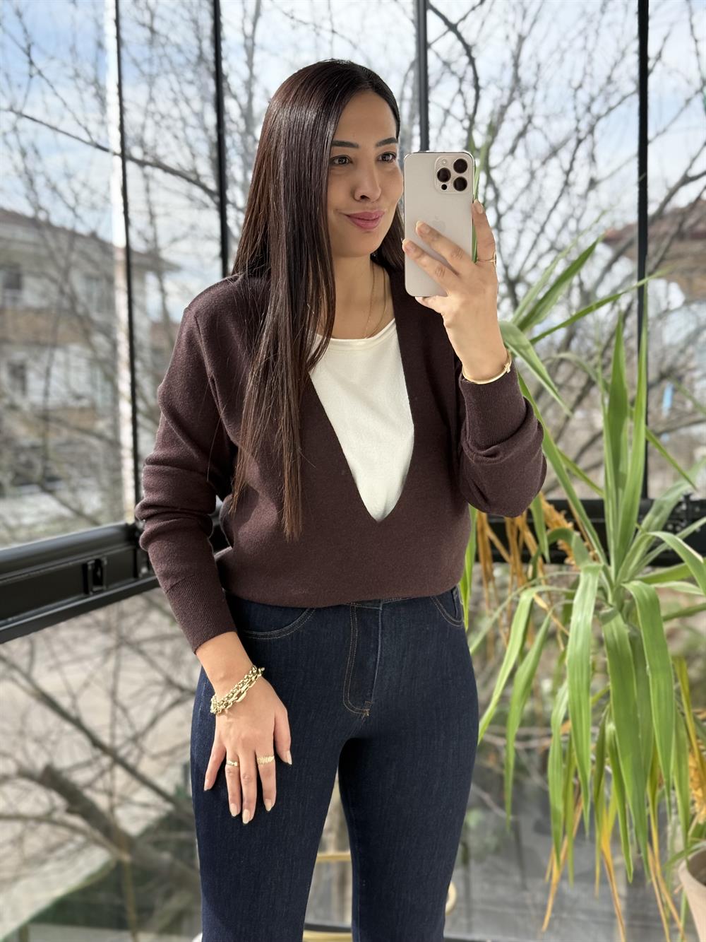 Çift Parça Görünümlü Triko Kahve