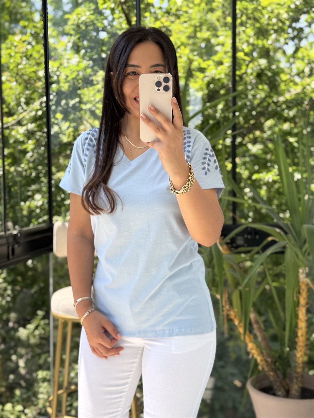 Flora Boncuk Detaylı Tişört Bebe Mavi