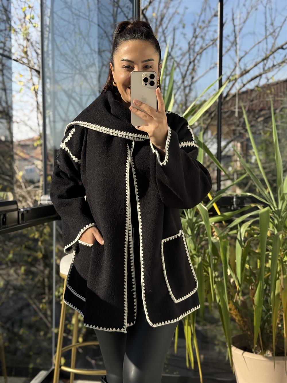 Şal Yaka Kaşe Kimono Ceket Siyah