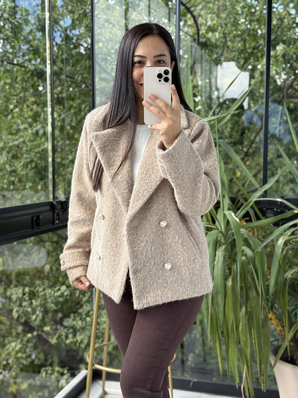 Gold Düğmeli Yün Kaban Ceket Bisküvi Kahvesi