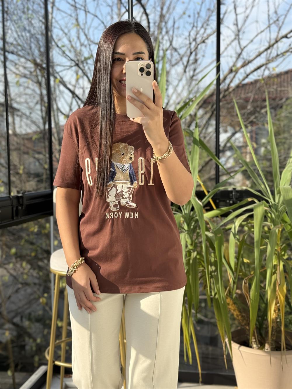 Newyork Yazılı İşlemeli Basic Tişört Kahve