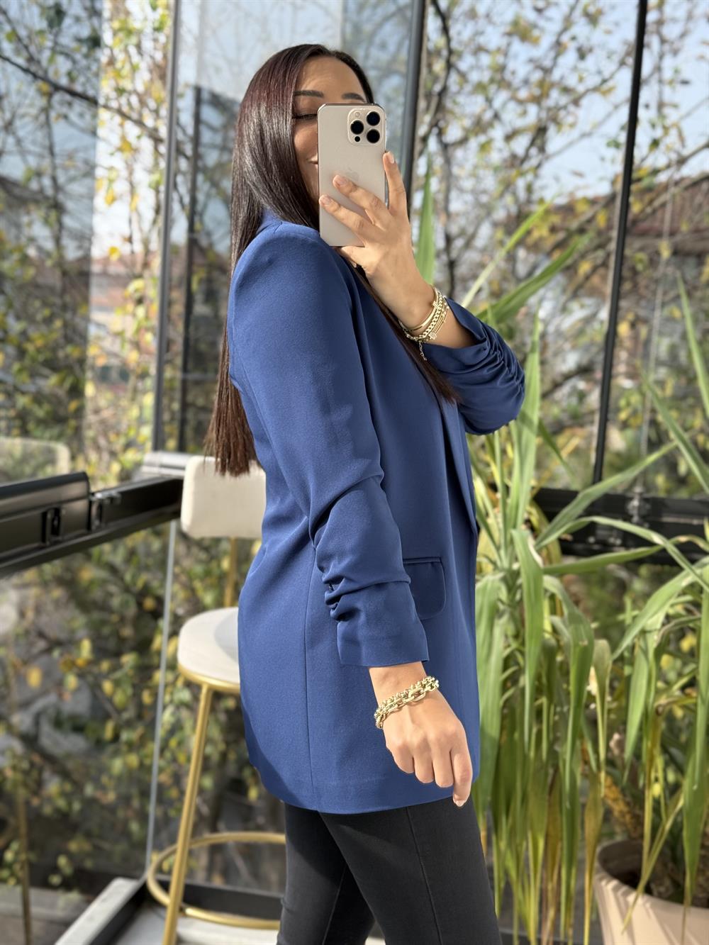 Kolu Büzgülü Blazer Ceket İndigo Mavi