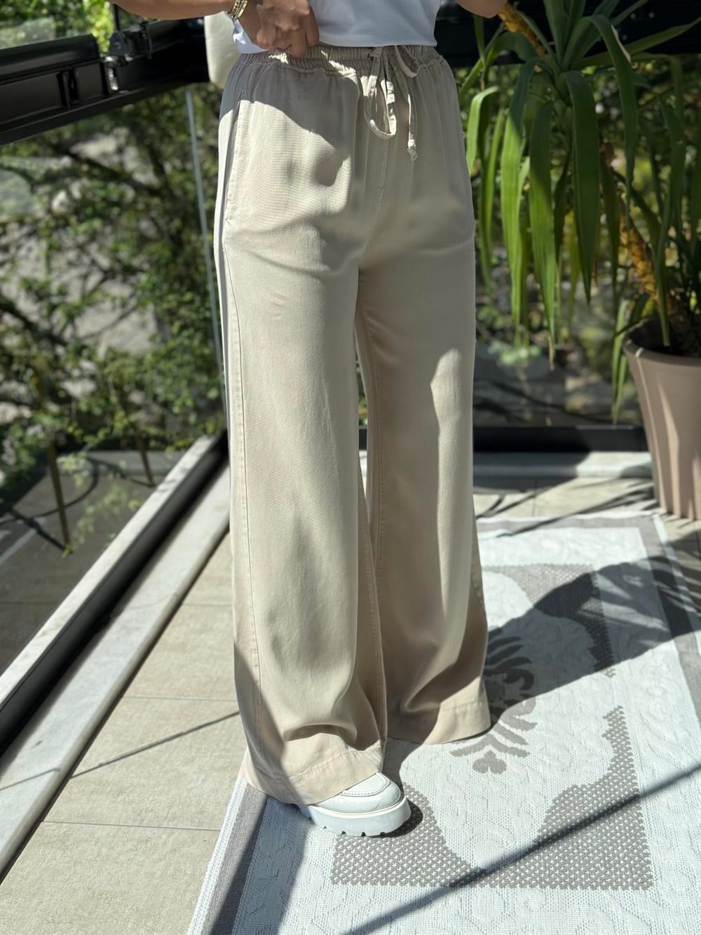 Lastikli Palazzo Pantolon Bej