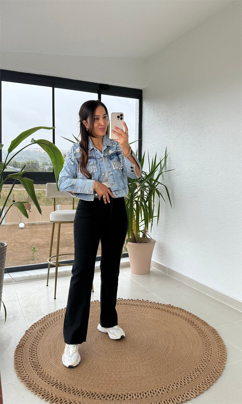 Taşlı Kısa Denim Ceket Mavi