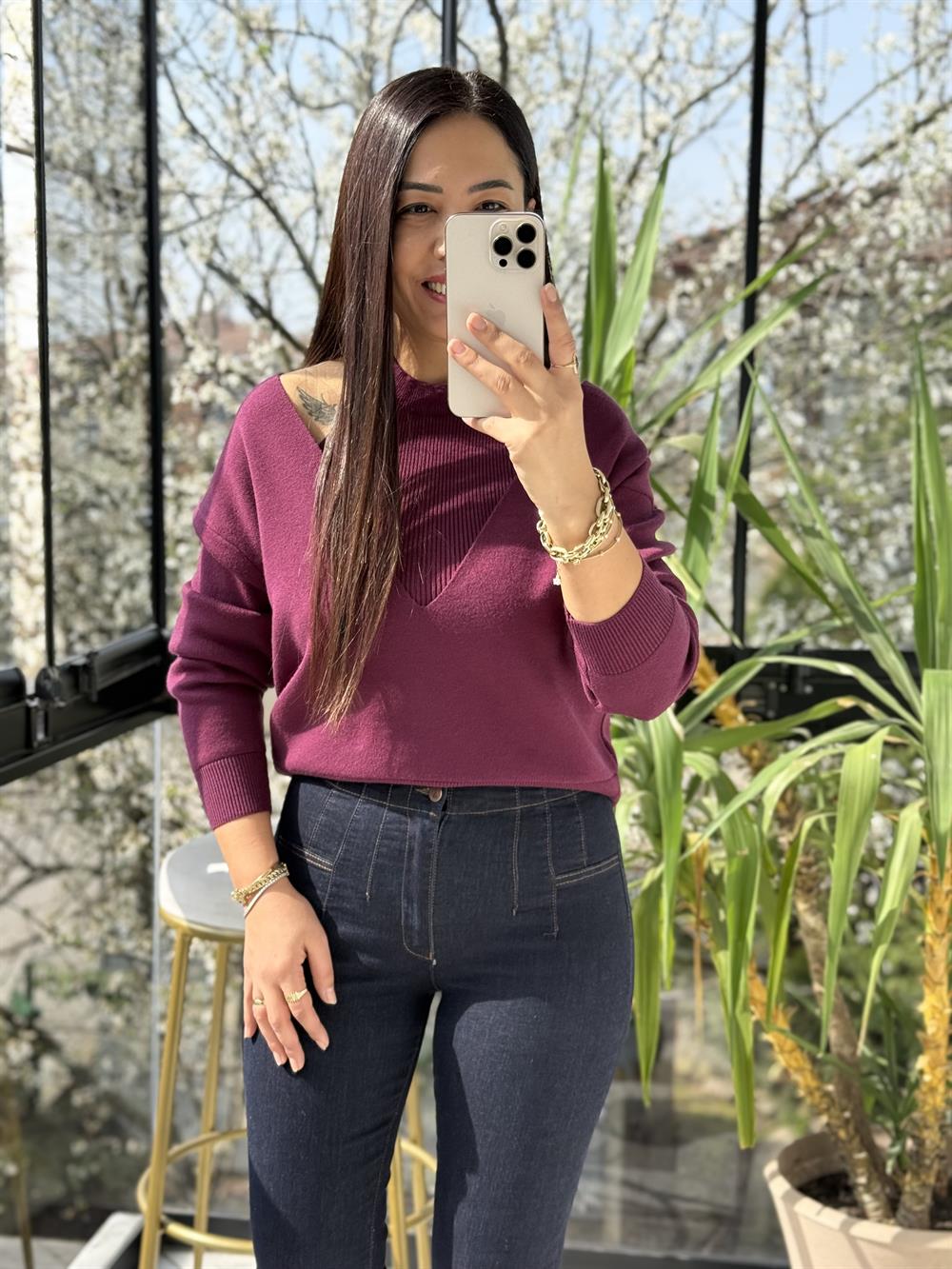 V Detay Atletli Triko Mürdüm