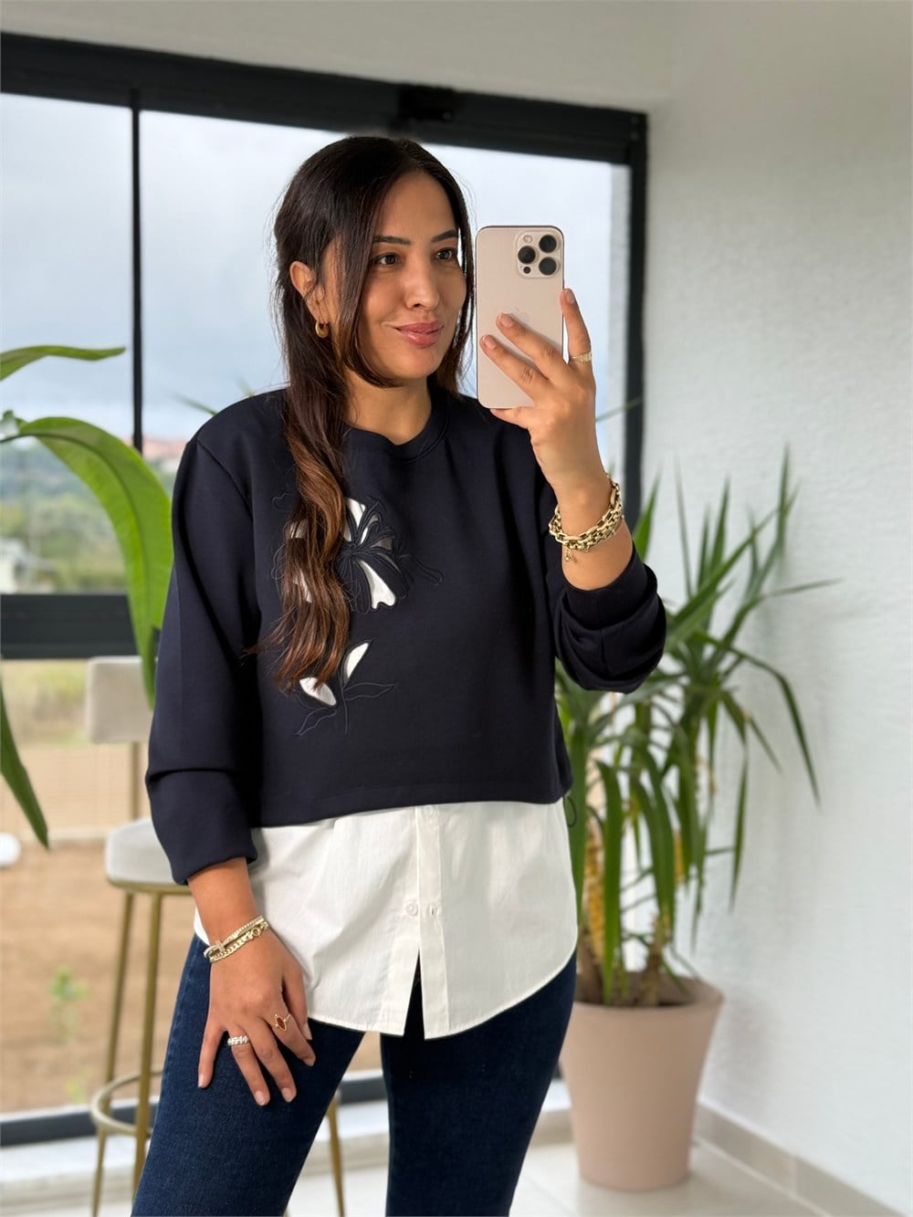 Nakışlı Gömlekli Sweatshirt Lacivert