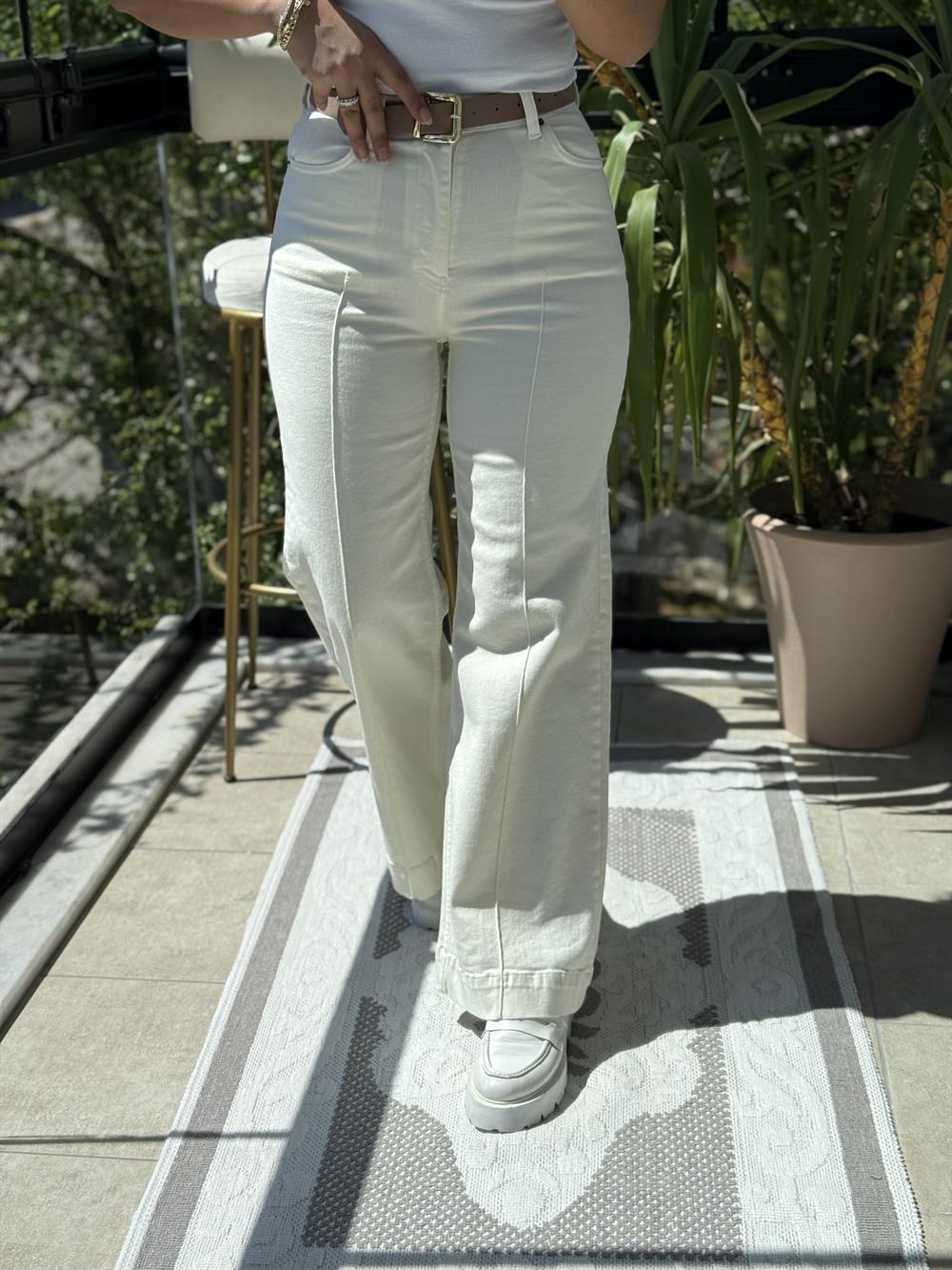 Çımalı Kot Pantolon Krem