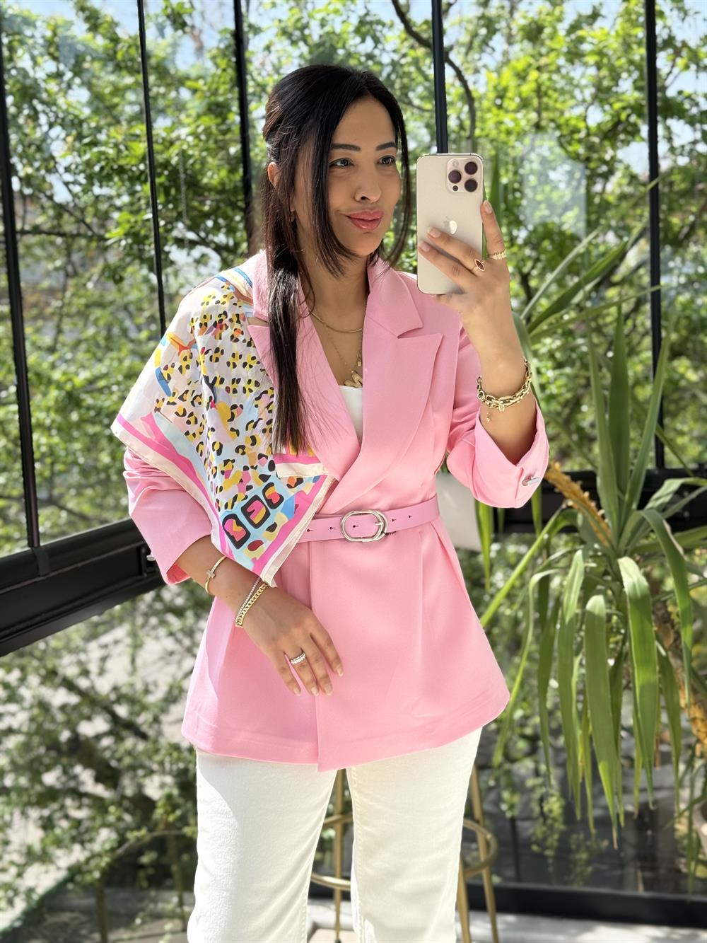 Çift Pileli Şallı Ceket Pembe