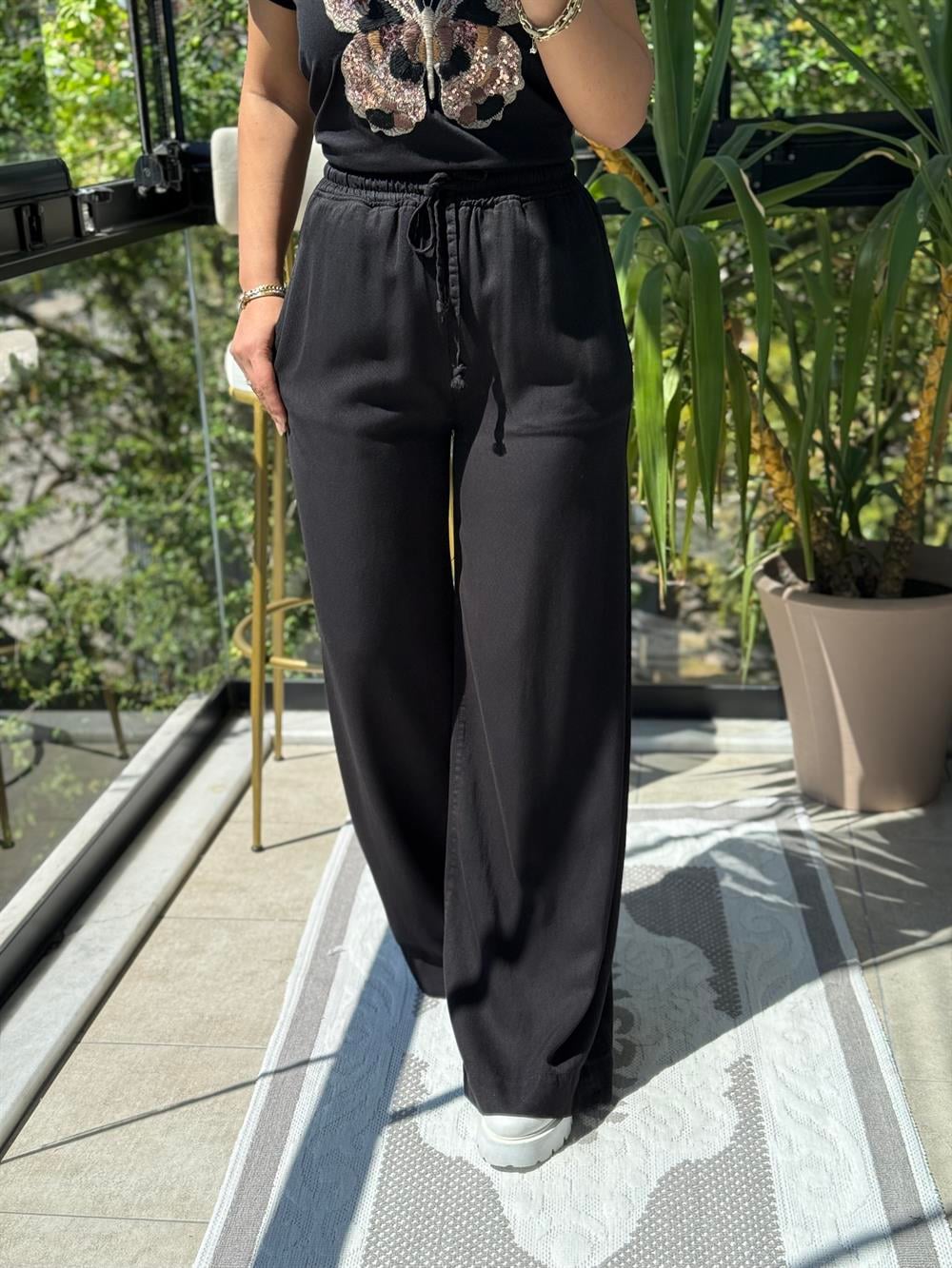 Lastikli Palazzo Pantolon Siyah