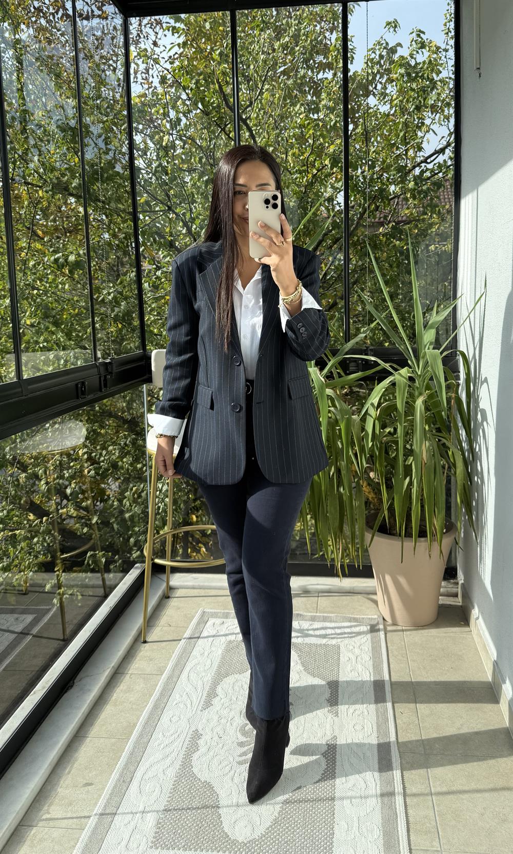 İki Düğmeli Çizgili Yün Blazer Ceket Lacivert