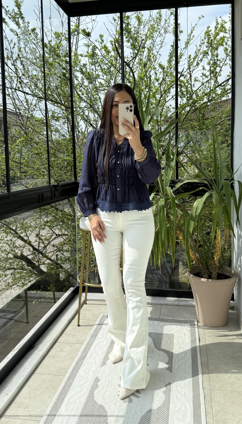 Dantel Rüya Gömlek Bluz Lacivert