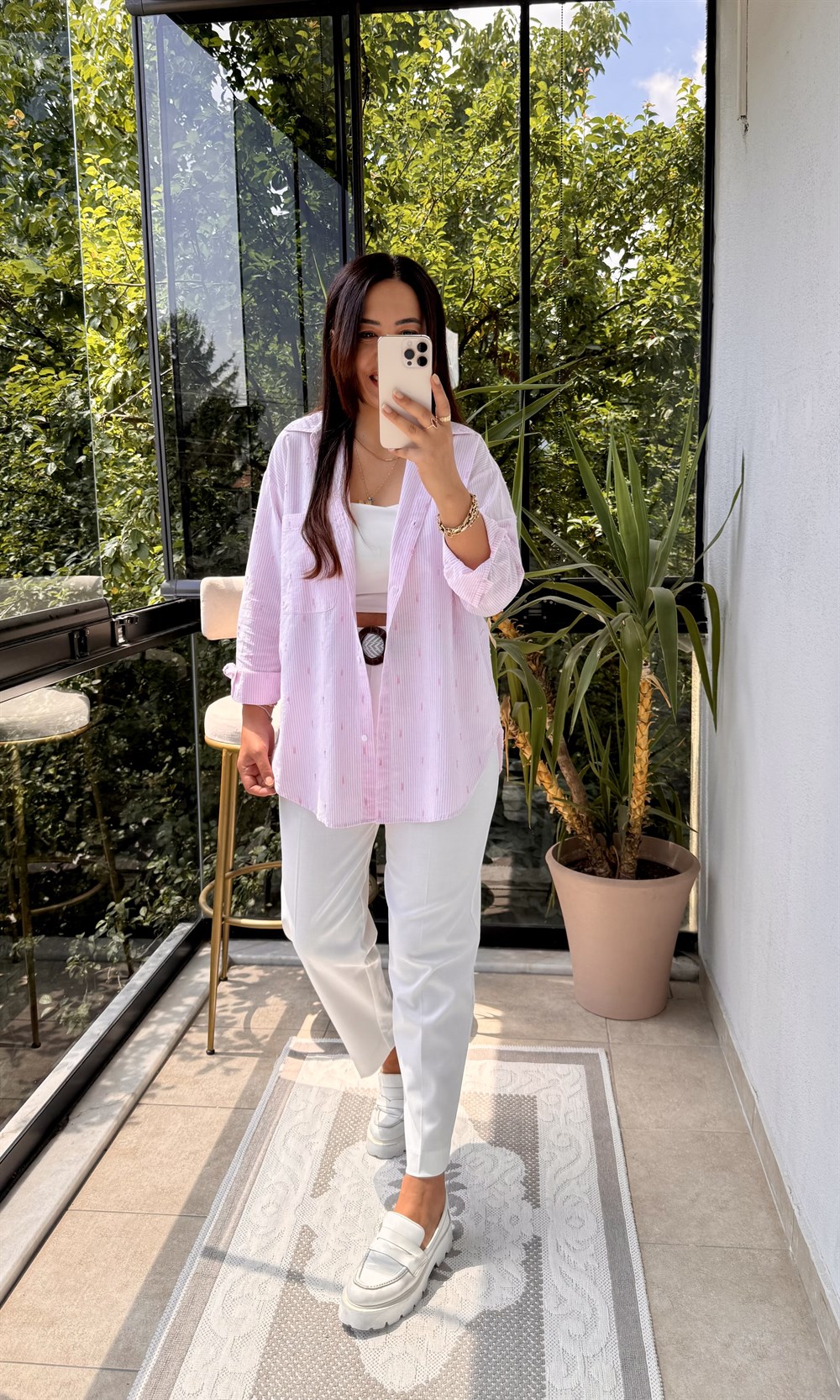 Cebi Nakışlı Pamuklu Gömlek Pembe