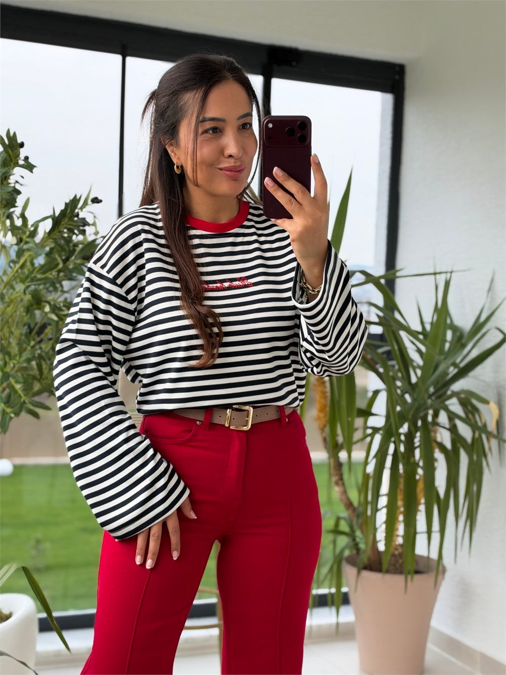 Biyeli Çizgili Sweatshirt Lacivert