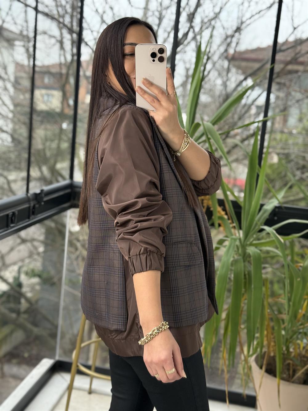 Ekose Garnili Ceket Kahve