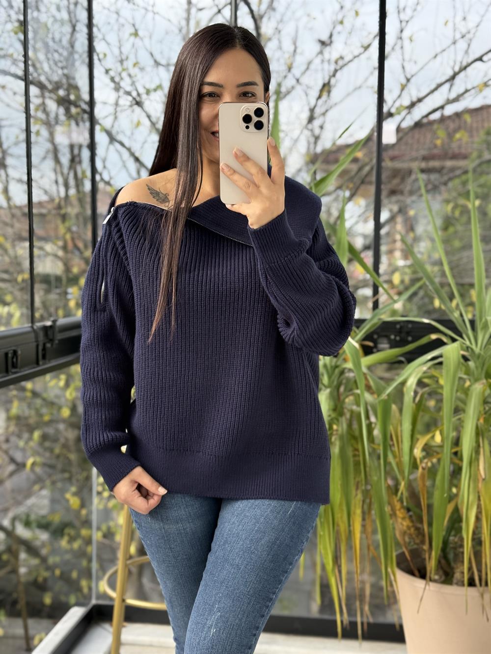 Yandan Fermuarlı Geniş Yaka triko Kazak Lacivert