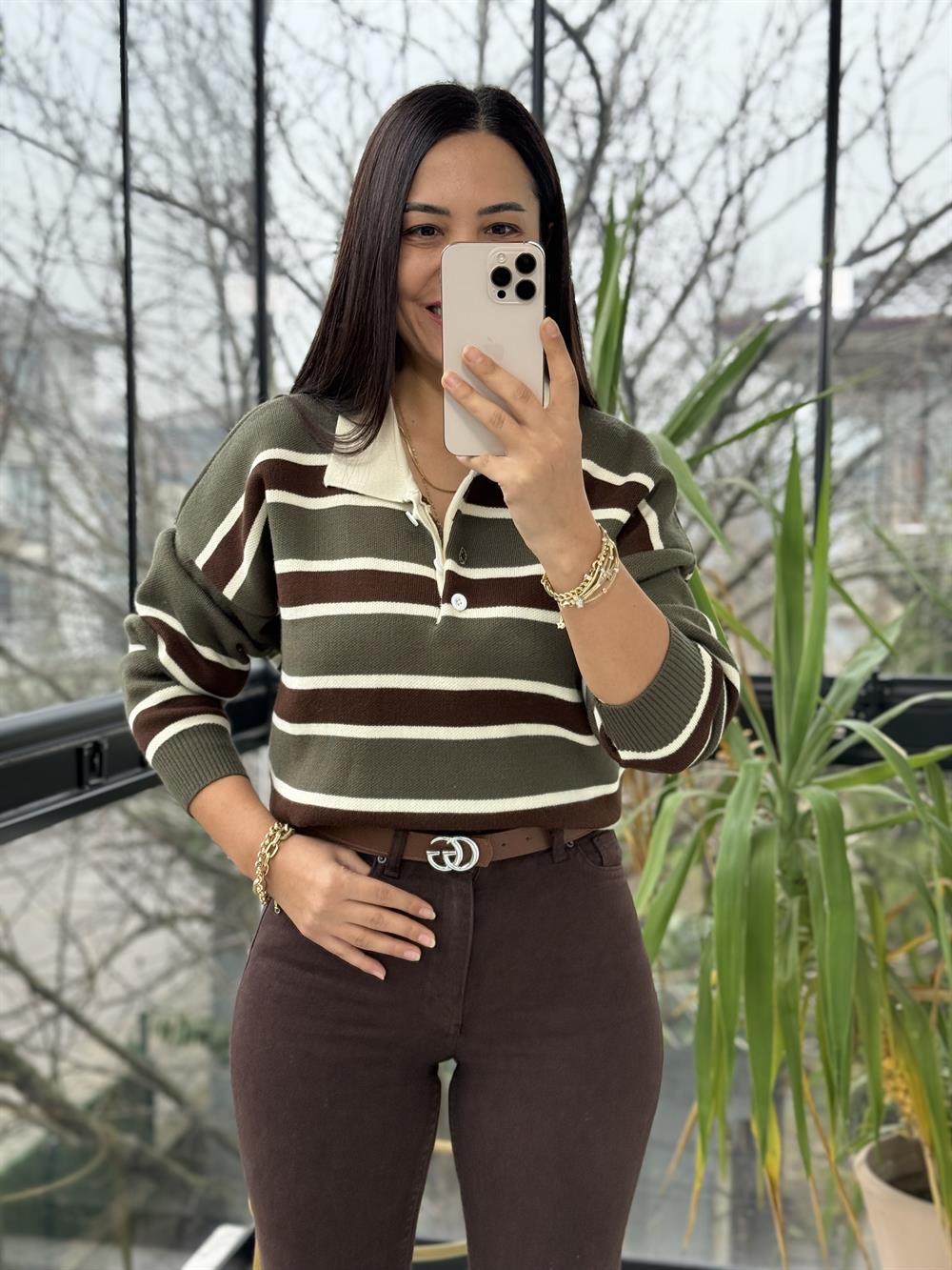 Polo Yaka Çizgili Triko Kazak Haki Yeşili