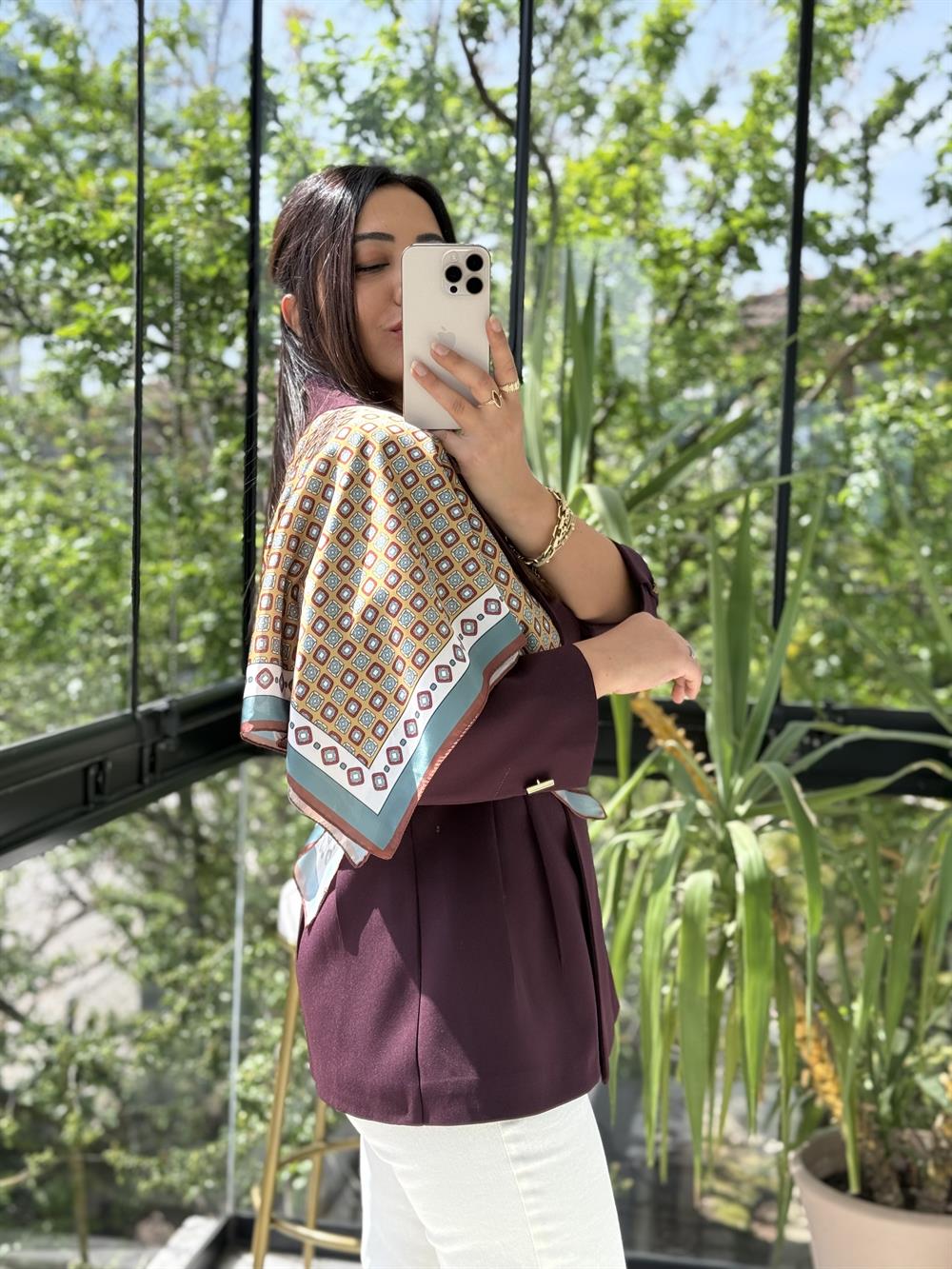 Çift Pileli Şallı Ceket Mürdüm