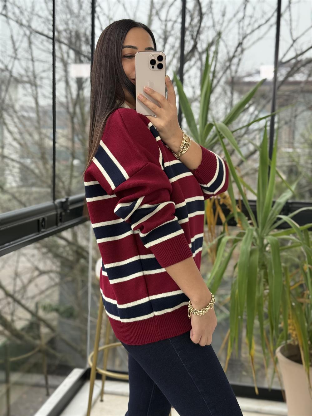 Polo Yaka Çizgili Triko Kazak Bordo