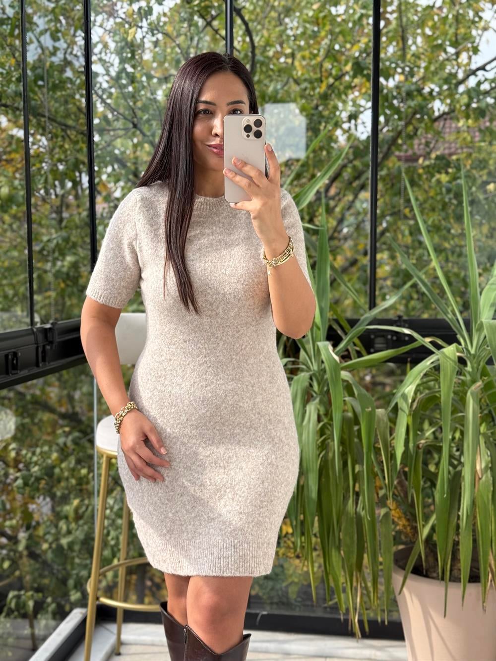 Dilvin Yumuşak Dokulu Kısa Kol Triko Elbise Bej