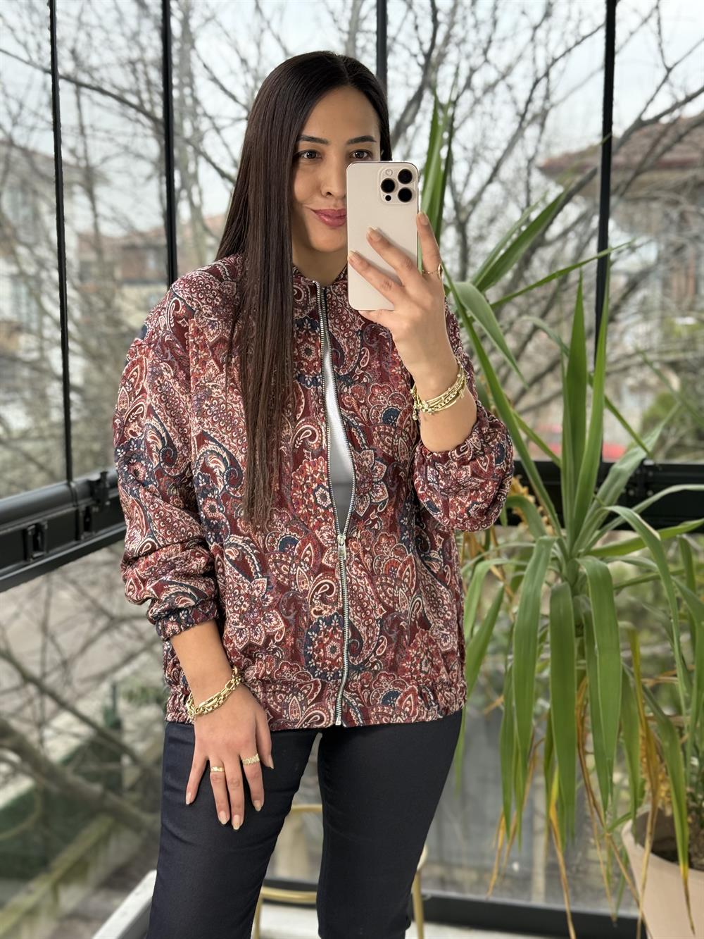 Venüs Desenli Bomber Ceket Bordo