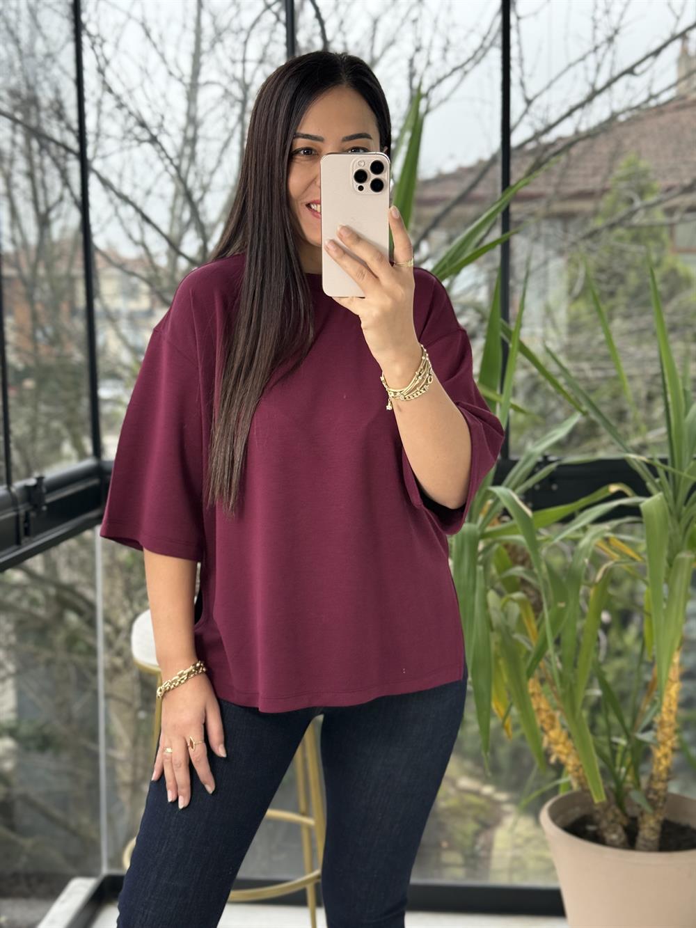 Oversize Yanları Yırtmaçlı Modal Tişört Bordo