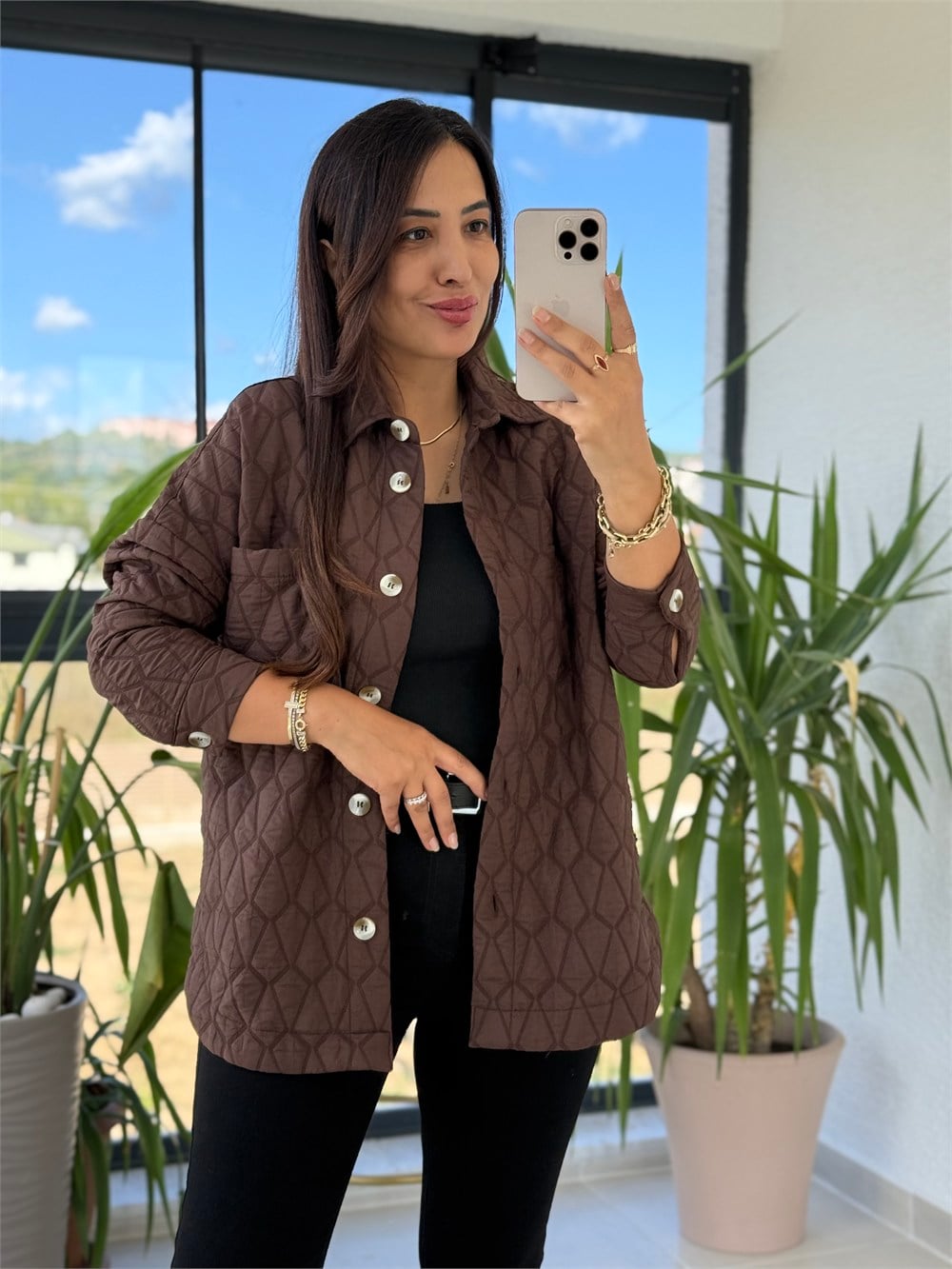 Kapitone Düğmeli Ceket Kahve