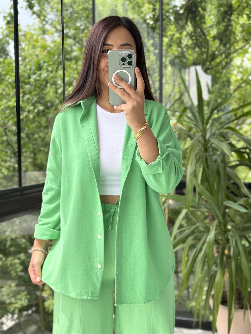 Açık Yeşil Keten Gömlek