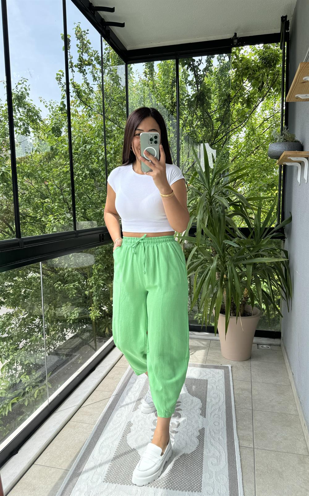 Açık Yeşil Şalvar Keten Pantolon