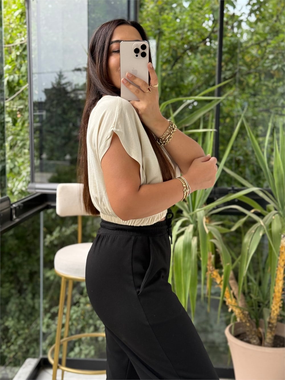 Beli Lastikli Crop Tişört Bej