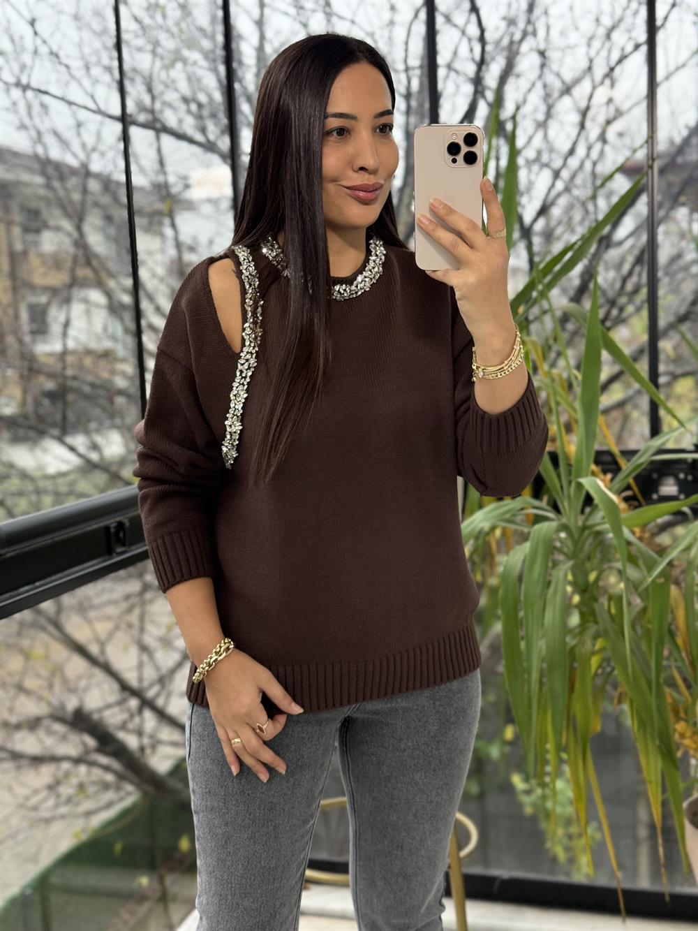 Taş Şerit işleme Cut Aut Kazak Kahve