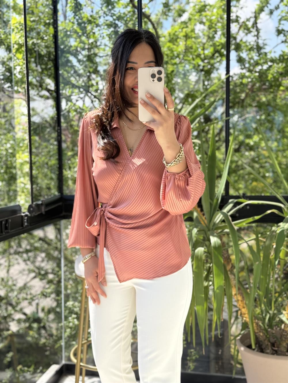 Yan Bağcıklı Yakalı Bluz Kiremit