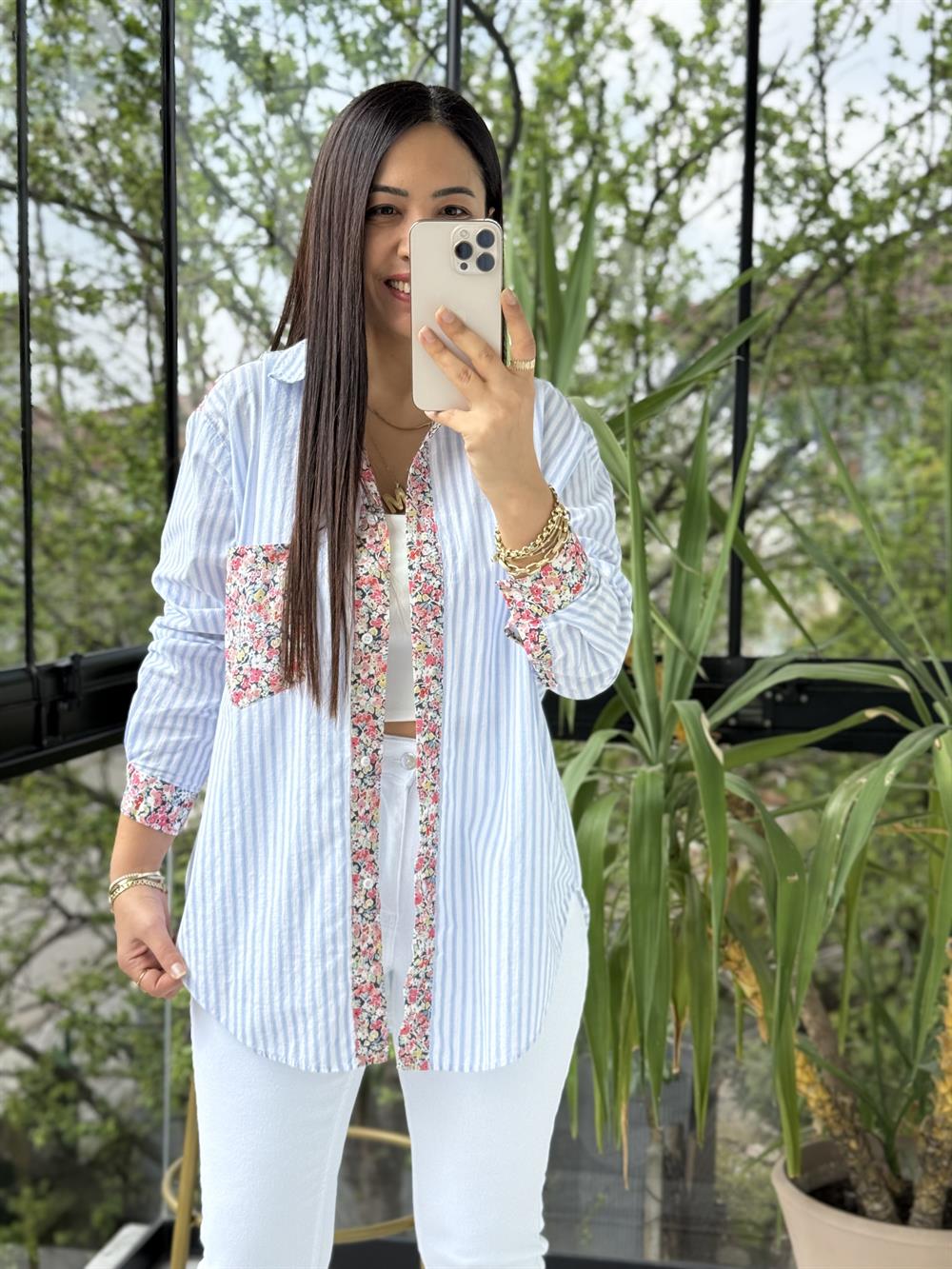 Çiçek Detaylı Çizgili Gömlek Mavi