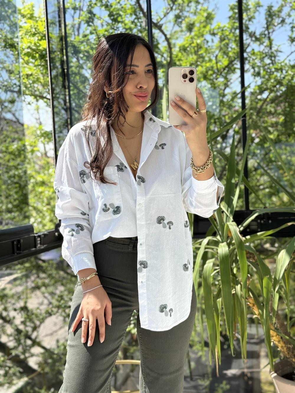 Monochiç Desen Pamuklu Gömlek Haki Yeşili