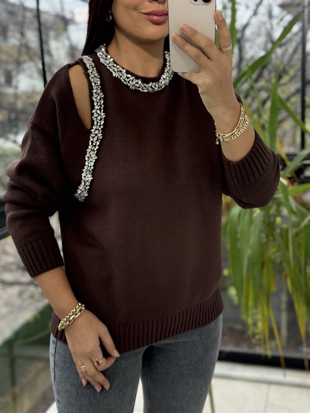 Taş Şerit işleme Cut Aut Kazak Kahve