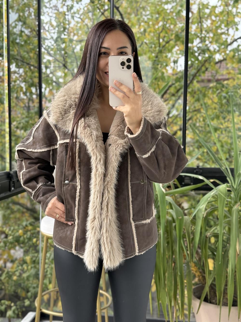 Kürk Detaylı Nubuk Mont Koyu Kahve