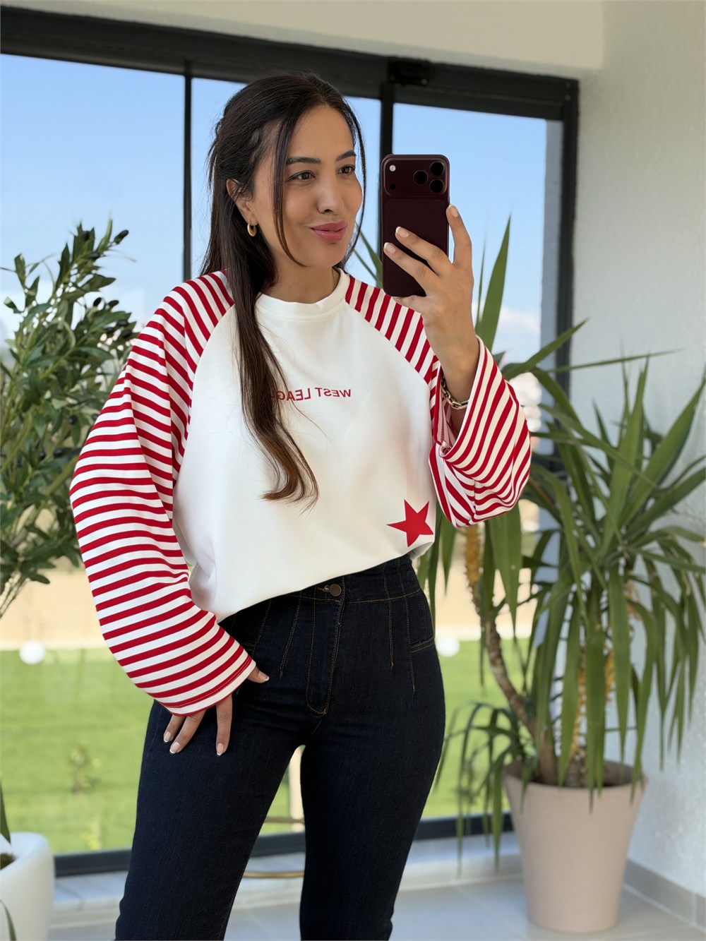 West League Çizgili Sweatshirt Kırmızı